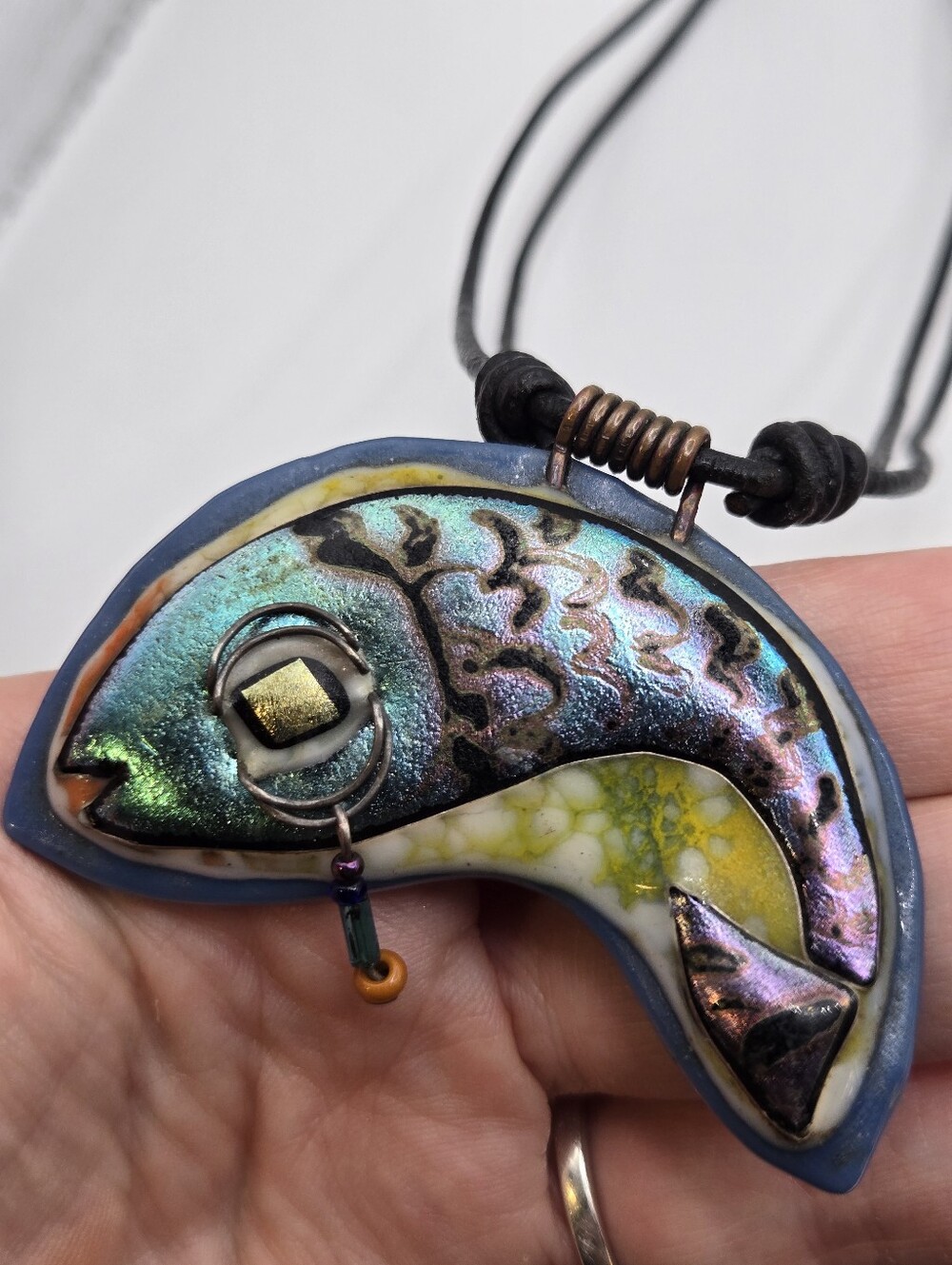 Dichroic Glass Fused Glass Pendant Fish Necklace Handcrafted Cord VTG 80s 90s